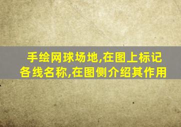 手绘网球场地,在图上标记各线名称,在图侧介绍其作用